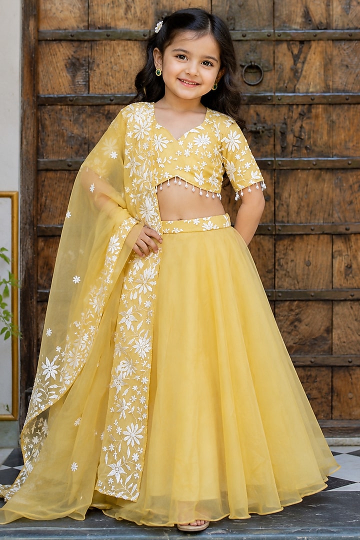 Yellow Chiffon Embroidered Lehenga Set For Girls by House Of Jamoti Kids at Pernia's Pop Up Shop
