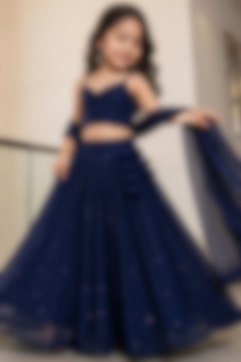Navy Blue Georgette Chikankari Embroidered Lehenga Set For Girls by House Of Jamoti Kids at Pernia's Pop Up Shop