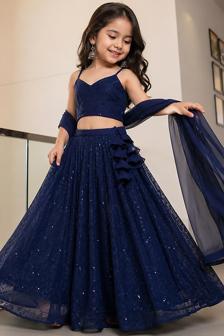 Navy Blue Georgette Chikankari Embroidered Lehenga Set For Girls by House Of Jamoti Kids at Pernia's Pop Up Shop
