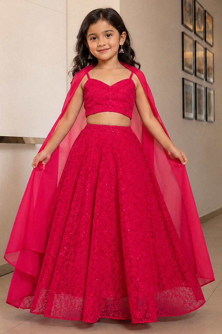 Wild Berry Pink Georgette Chikankari Embroidered Lehenga Set For Girls by House Of Jamoti Kids at Pernia's Pop Up Shop