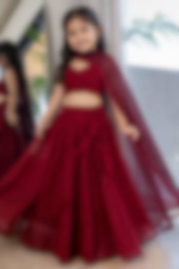 Maroon Georgette Chikankari Embroidered Lehenga Set For Girls by House Of Jamoti Kids at Pernia's Pop Up Shop