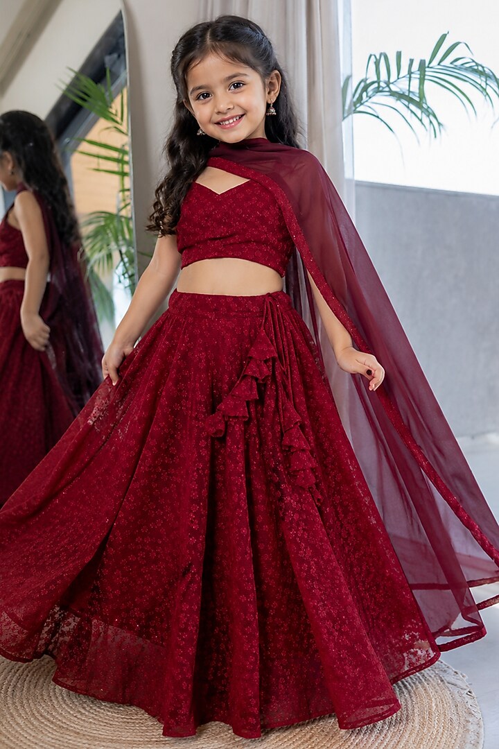Maroon Georgette Chikankari Embroidered Lehenga Set For Girls by House Of Jamoti Kids at Pernia's Pop Up Shop