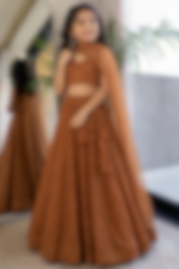 Brown Georgette Chikankari Embroidered Lehenga Set For Girl by House Of Jamoti Kids at Pernia's Pop Up Shop