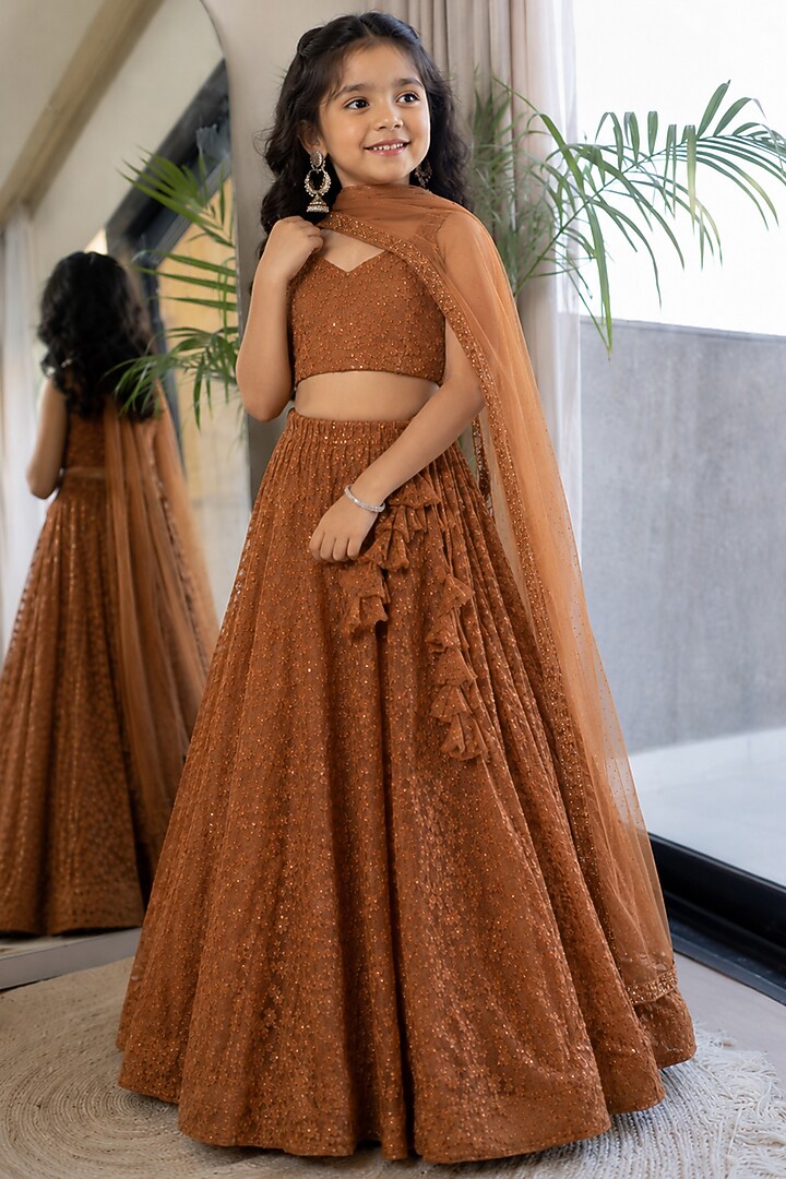 Brown Georgette Chikankari Embroidered Lehenga Set For Girl by House Of Jamoti Kids at Pernia's Pop Up Shop
