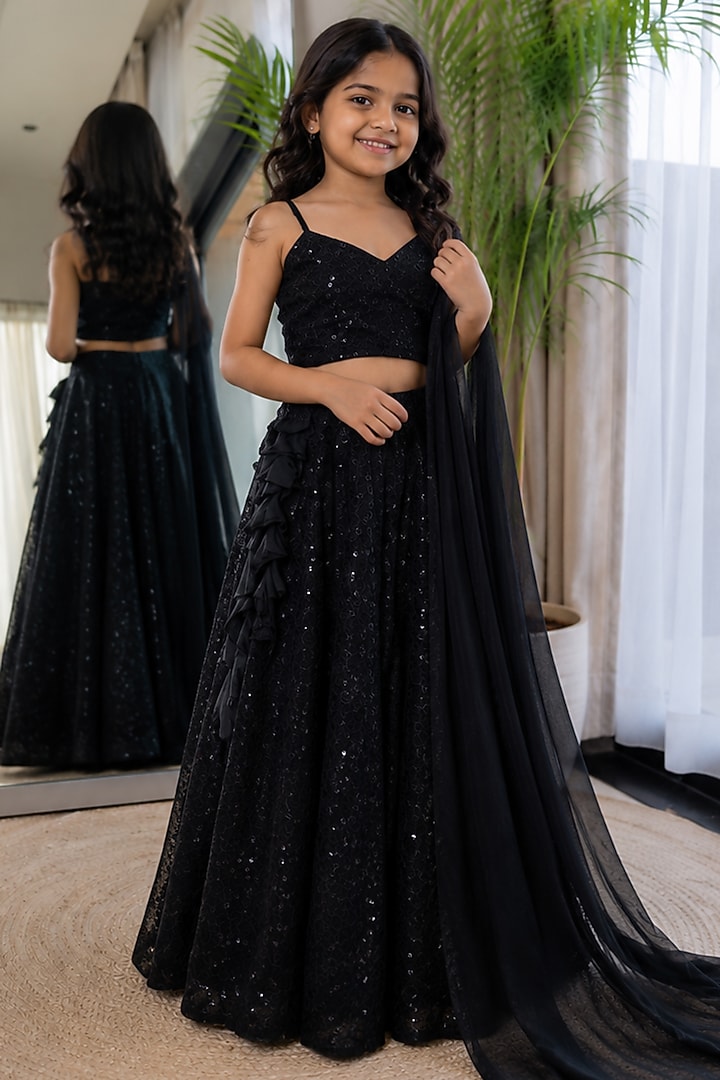 Black Georgette Chikankari Embroidered Lehenga Set For Girls by House Of Jamoti Kids at Pernia's Pop Up Shop