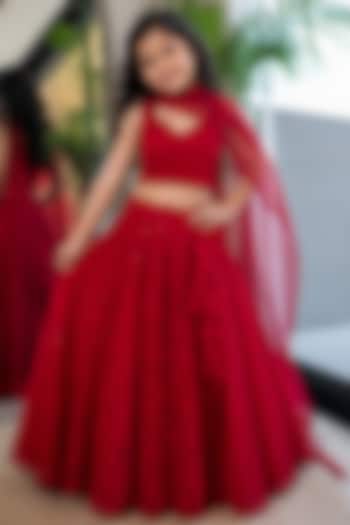 Red Georgette Chikankari Embroidered Lehenga Set For Girls by House Of Jamoti Kids at Pernia's Pop Up Shop