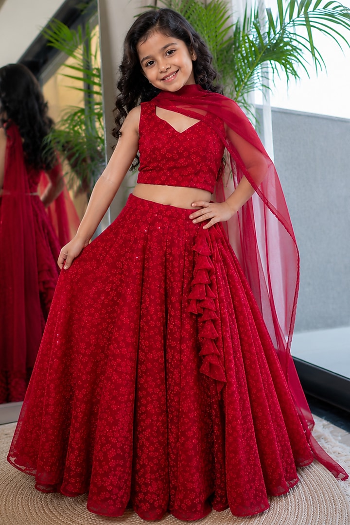 Red Georgette Chikankari Embroidered Lehenga Set For Girls by House Of Jamoti Kids at Pernia's Pop Up Shop