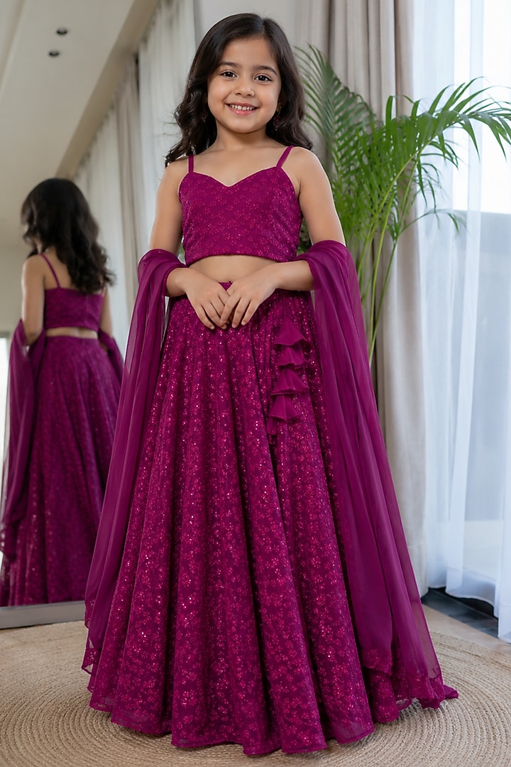 Purple Georgette Chikankari Embroidered Lehenga Set For Girls by House Of Jamoti Kids at Pernia's Pop Up Shop