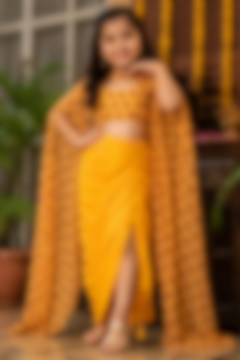 Yellow Organza Printed Skirt Set For Girls by House Of Jamoti Kids at Pernia's Pop Up Shop