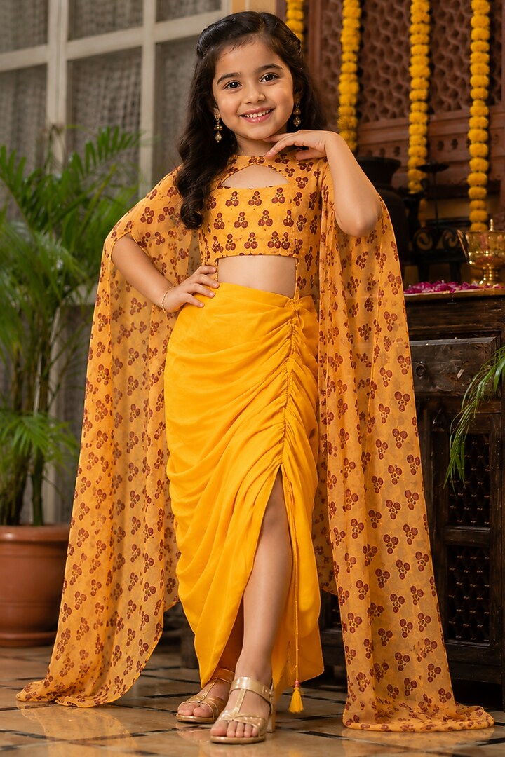 Yellow Organza Printed Skirt Set For Girls by House Of Jamoti Kids at Pernia's Pop Up Shop