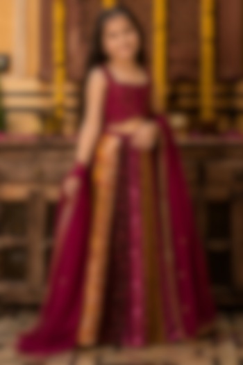 Multi-coloured Upada Silk Hand Embroidered Lehenga Set For Girls by House Of Jamoti Kids at Pernia's Pop Up Shop