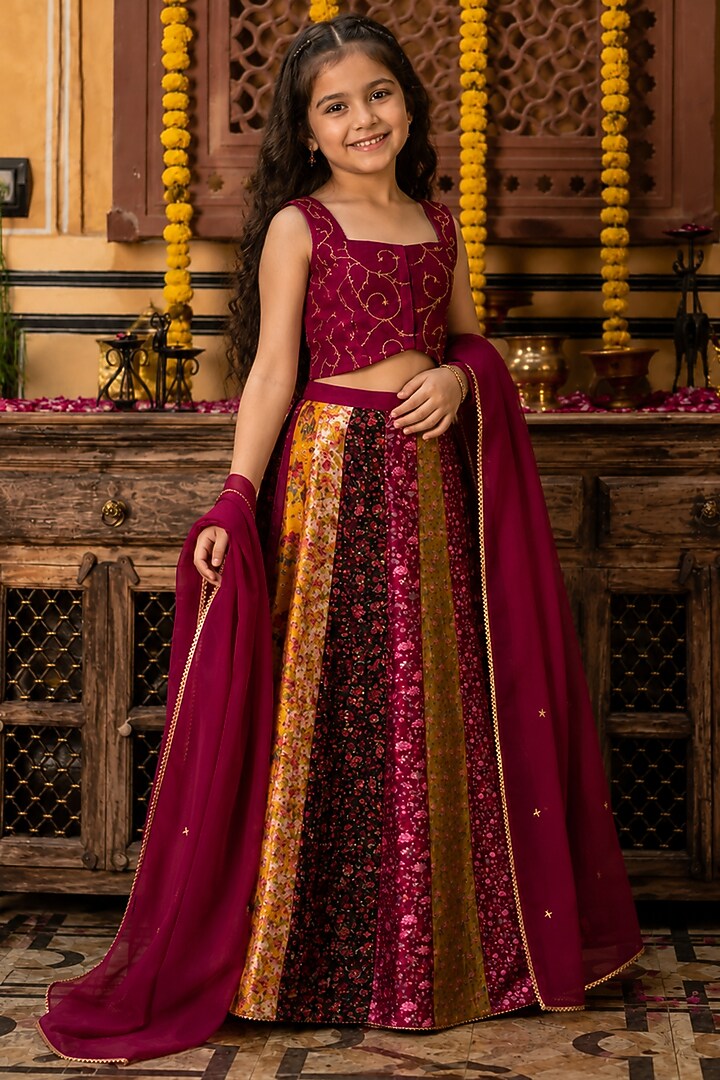 Multi-coloured Upada Silk Hand Embroidered Lehenga Set For Girls by House Of Jamoti Kids at Pernia's Pop Up Shop