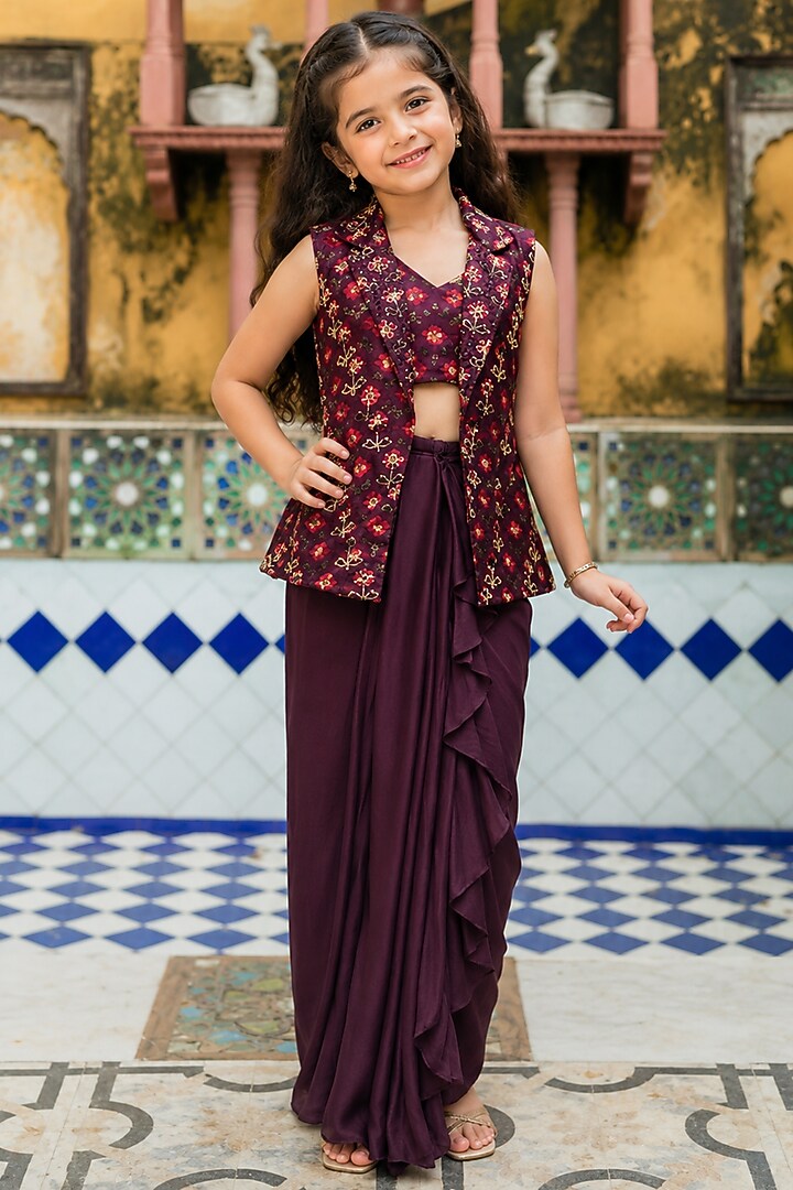 Wine Organza Hand Embroidered Skirt Set For Girls by House Of Jamoti Kids at Pernia's Pop Up Shop