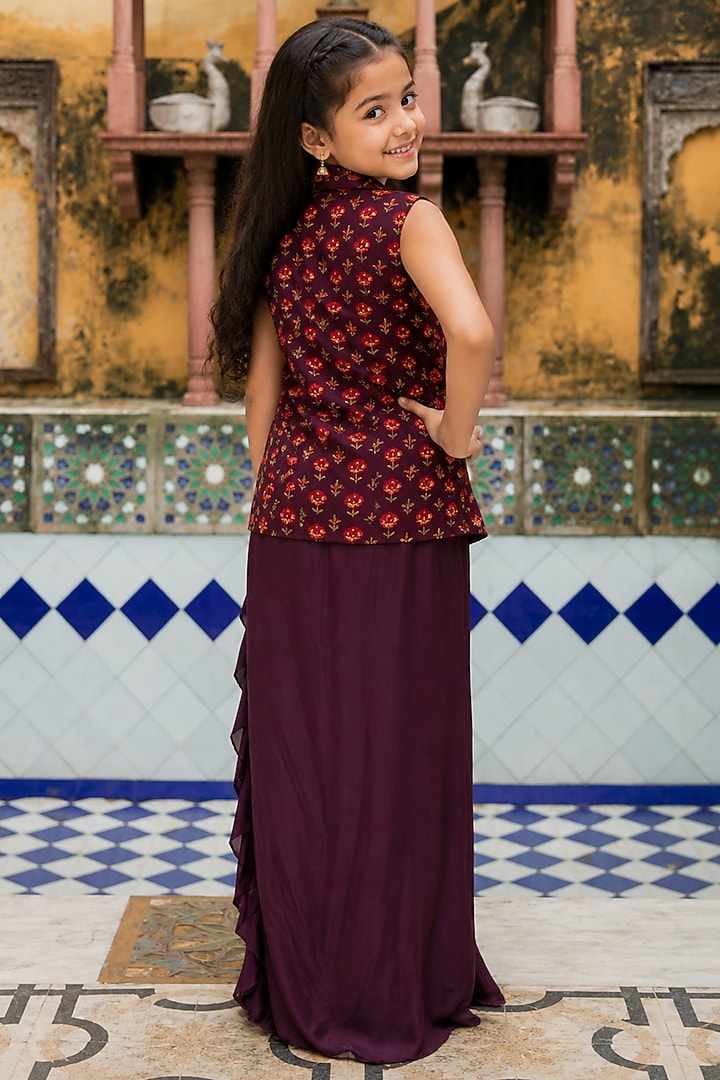 Wine Organza Hand Embroidered Skirt Set For Girls by House Of Jamoti Kids at Pernia's Pop Up Shop