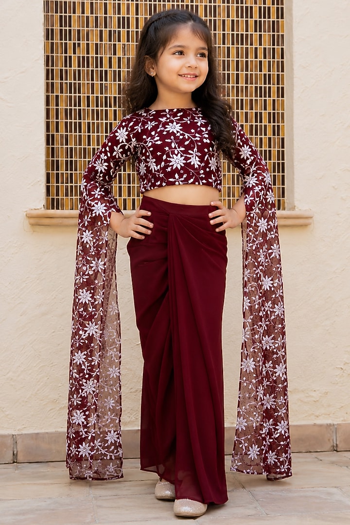 Maroon Georgette Embroidered Skirt Set For Girls by House Of Jamoti Kids at Pernia's Pop Up Shop