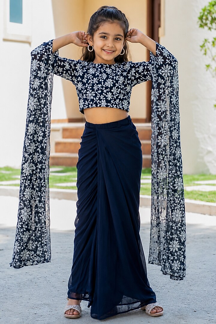 Navy Blue Georgette Embroidered Skirt Set For Girls by House Of Jamoti Kids at Pernia's Pop Up Shop