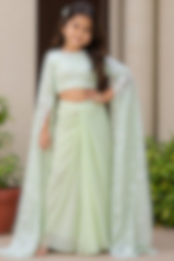 Pastel Green Georgette Embroidered Skirt Set For Girls by House Of Jamoti Kids at Pernia's Pop Up Shop