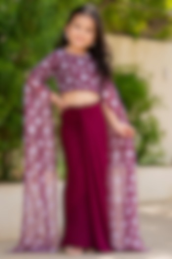Burgundy Georgette Embroidered Drape Skirt Set For Girls by House Of Jamoti Kids at Pernia's Pop Up Shop