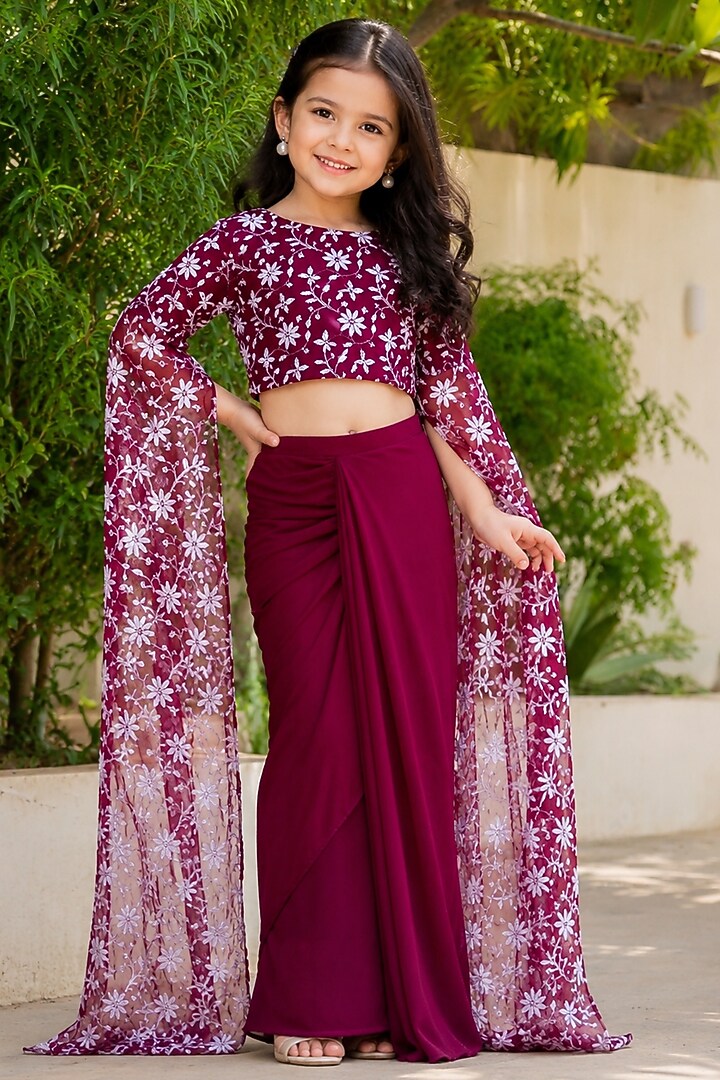 Burgundy Georgette Embroidered Drape Skirt Set For Girls by House Of Jamoti Kids at Pernia's Pop Up Shop