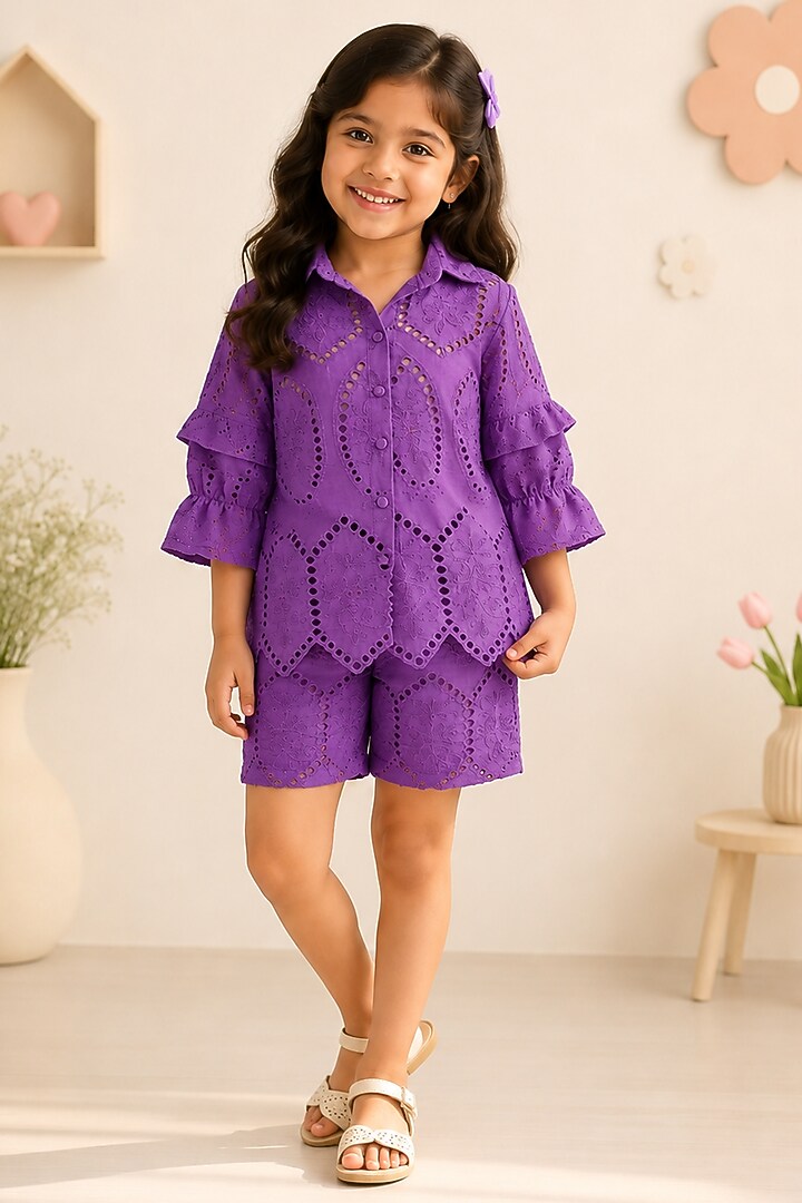 Purple Cotton Schiffli Embroidered Co-Ord Set For Girls by House Of Jamoti Kids at Pernia's Pop Up Shop
