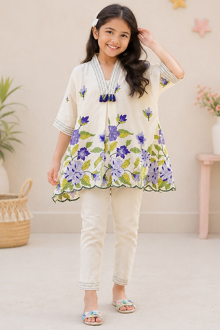 Off-White Kora Cotton Embroidered Co-Ord Set For Girls by House Of Jamoti Kids at Pernia's Pop Up Shop