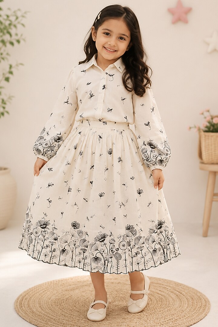 Beige Kora Cotton Embroidered Midi Skirt Set For Girls by House Of Jamoti Kids at Pernia's Pop Up Shop