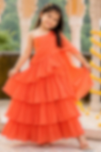 Orange Chinnon Ruffled Saree Set For Girls by House Of Jamoti Kids at Pernia's Pop Up Shop