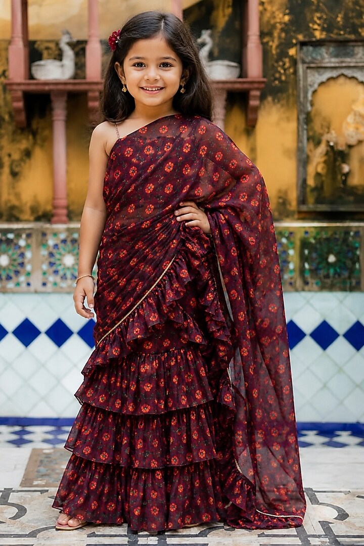 Wine Organza Ruffled Saree Set For Girls by House Of Jamoti Kids at Pernia's Pop Up Shop