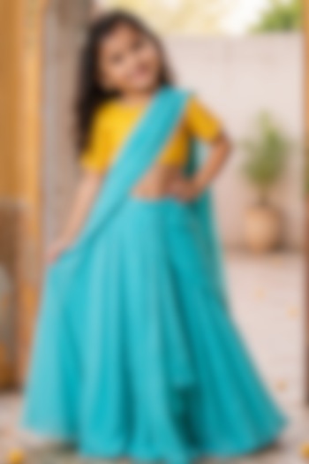 Sky Blue Chinnon Pre-Draped Saree Set For Girls by House Of Jamoti Kids at Pernia's Pop Up Shop