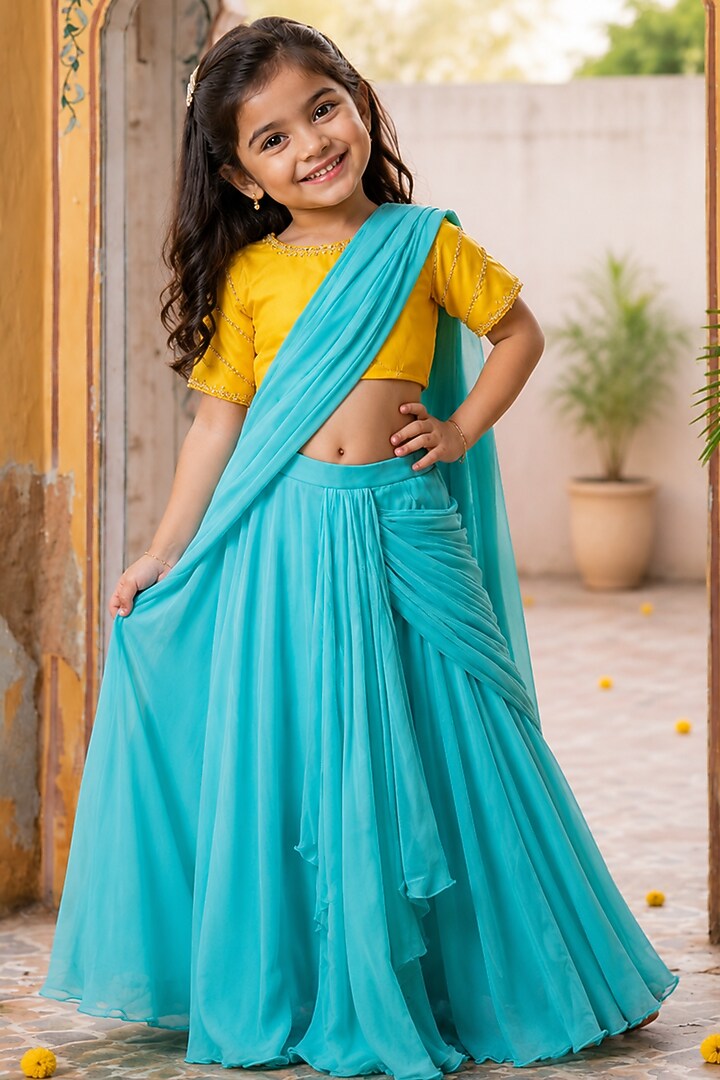 Sky Blue Chinnon Pre-Draped Saree Set For Girls by House Of Jamoti Kids at Pernia's Pop Up Shop
