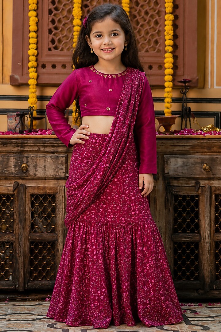 Wine Organza Printed Saree Set For Girls by House Of Jamoti Kids at Pernia's Pop Up Shop