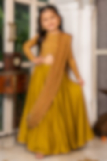 Mustard Upada Silk Pant Saree Set For Girls by House Of Jamoti Kids at Pernia's Pop Up Shop