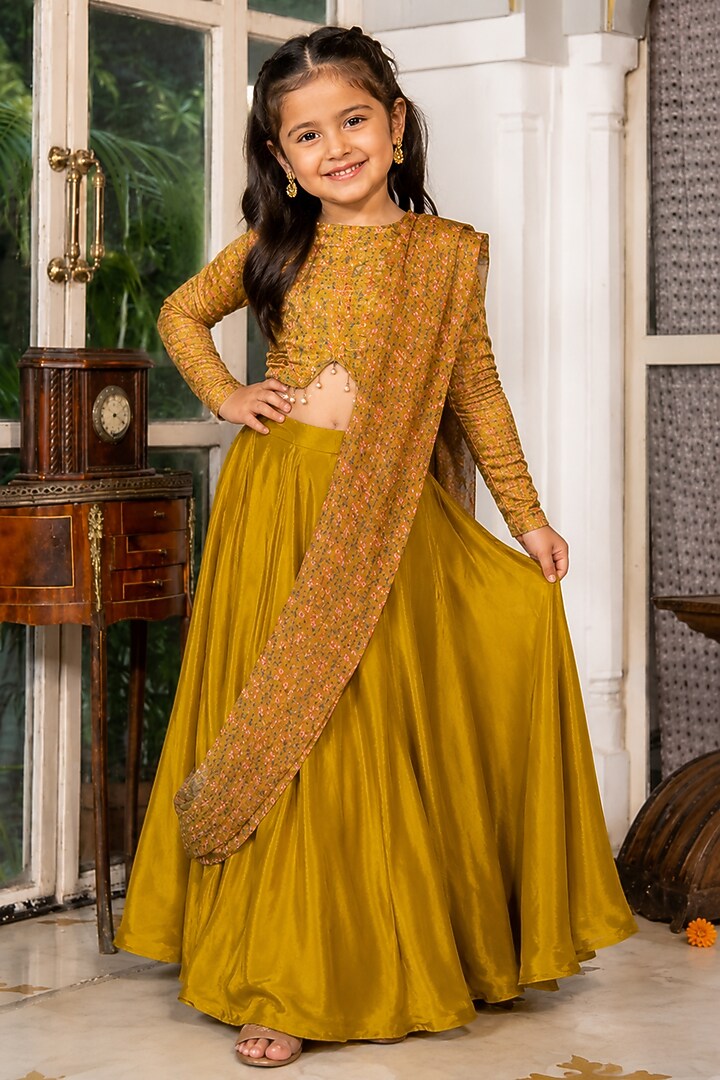 Mustard Upada Silk Pant Saree Set For Girls by House Of Jamoti Kids at Pernia's Pop Up Shop