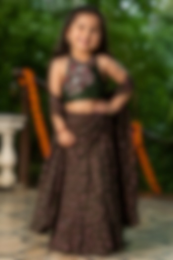 Green Upada Silk Hand-Embroidered Pre-Draped Saree Set For Girls by House Of Jamoti Kids at Pernia's Pop Up Shop