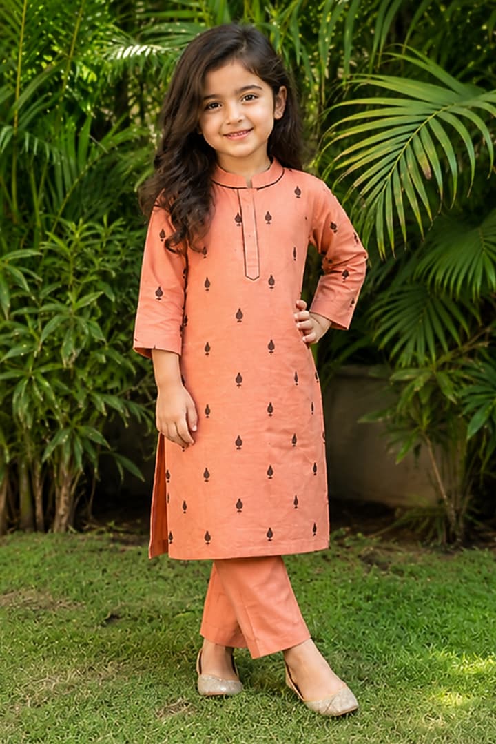 Peach Kora Cotton Embroidered Co-Ord Set For Girls by House Of Jamoti Kids at Pernia's Pop Up Shop