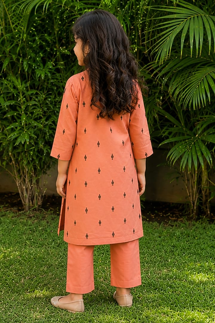 Peach Kora Cotton Embroidered Co-Ord Set For Girls by House Of Jamoti Kids at Pernia's Pop Up Shop