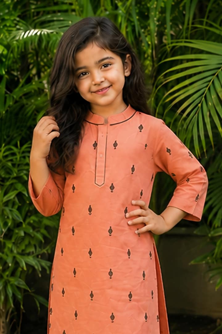 Peach Kora Cotton Embroidered Co-Ord Set For Girls by House Of Jamoti Kids at Pernia's Pop Up Shop