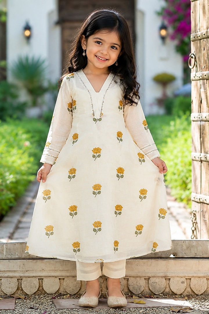 Mustard Cotton Floral Embroidered Co-Ord Set For Girls by House Of Jamoti Kids at Pernia's Pop Up Shop