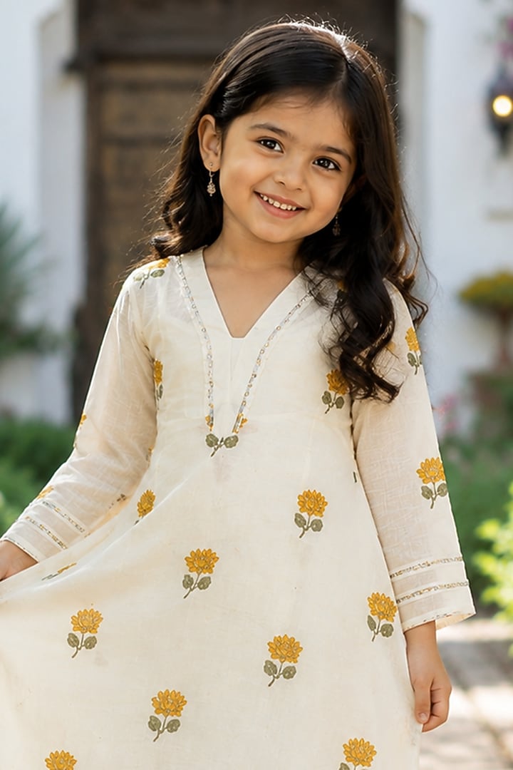 Mustard Cotton Floral Embroidered Co-Ord Set For Girls by House Of Jamoti Kids at Pernia's Pop Up Shop