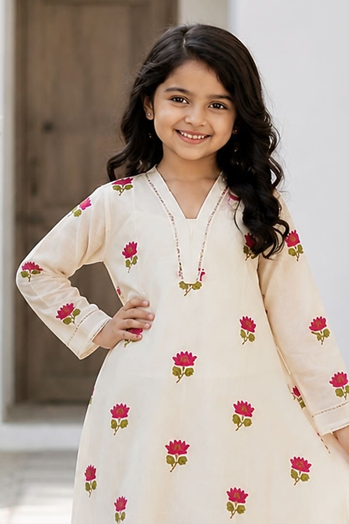 Pink Cotton Floral Embroidered Co-Ord Set For Girls by House Of Jamoti Kids at Pernia's Pop Up Shop