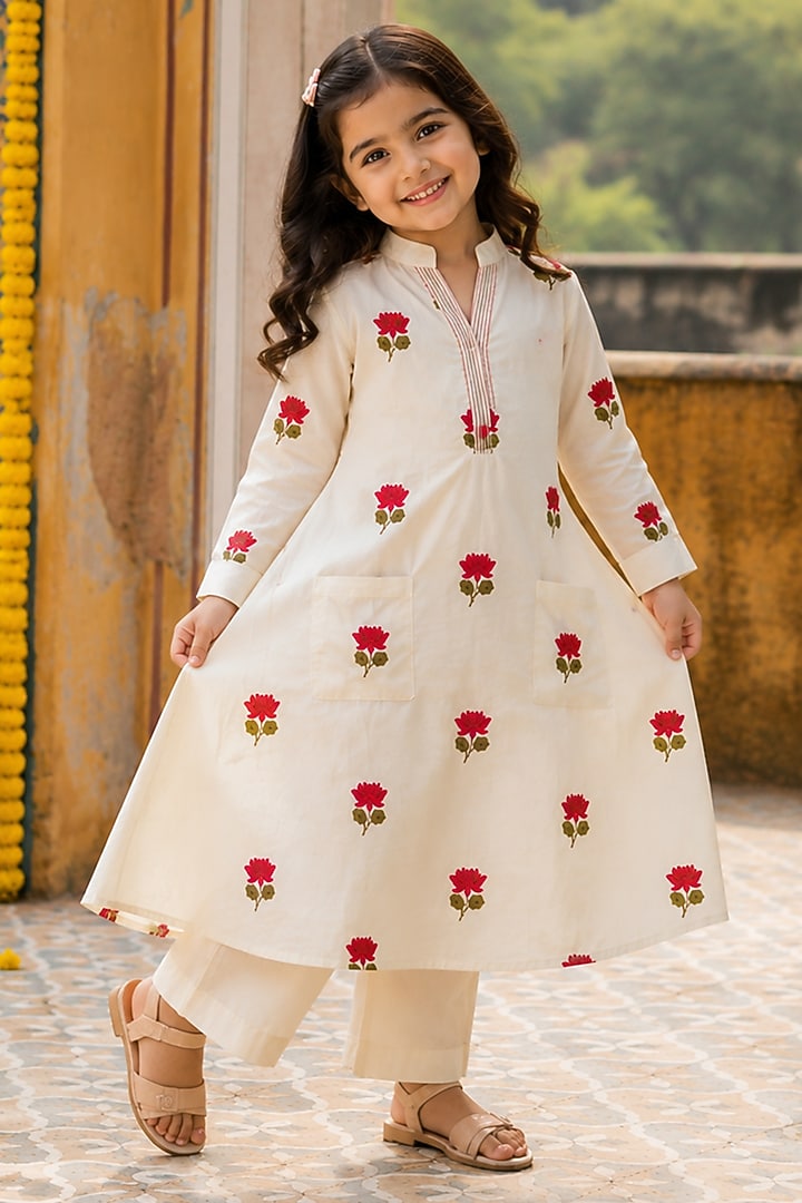 Pink Cotton Floral Embroidered Co-Ord Set For Girls by House Of Jamoti Kids at Pernia's Pop Up Shop