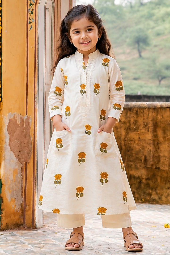 Mustard Kora Cotton Floral Embroidered Co-ord Set For Girls by House Of Jamoti Kids at Pernia's Pop Up Shop