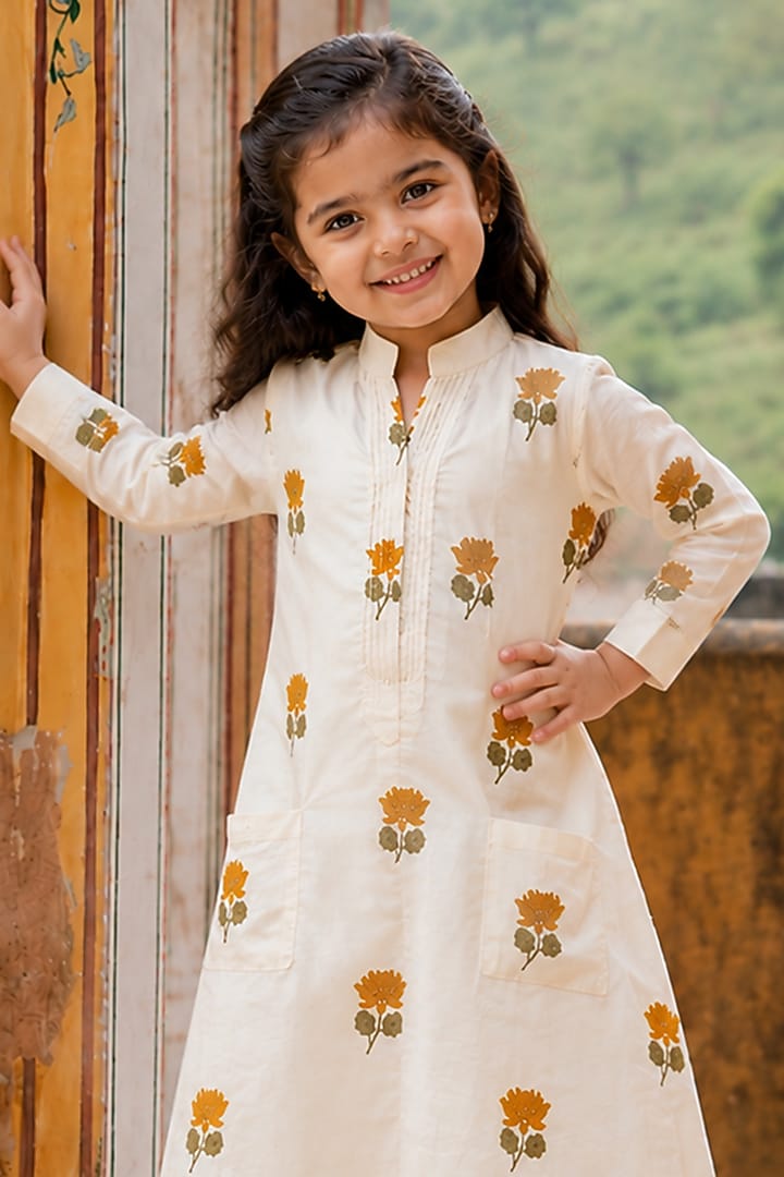Mustard Kora Cotton Floral Embroidered Co-ord Set For Girls by House Of Jamoti Kids at Pernia's Pop Up Shop