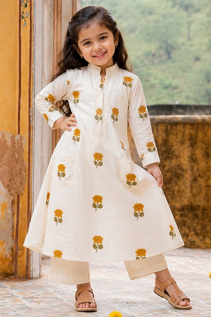 Mustard Kora Cotton Floral Embroidered Co-ord Set For Girls by House Of Jamoti Kids at Pernia's Pop Up Shop
