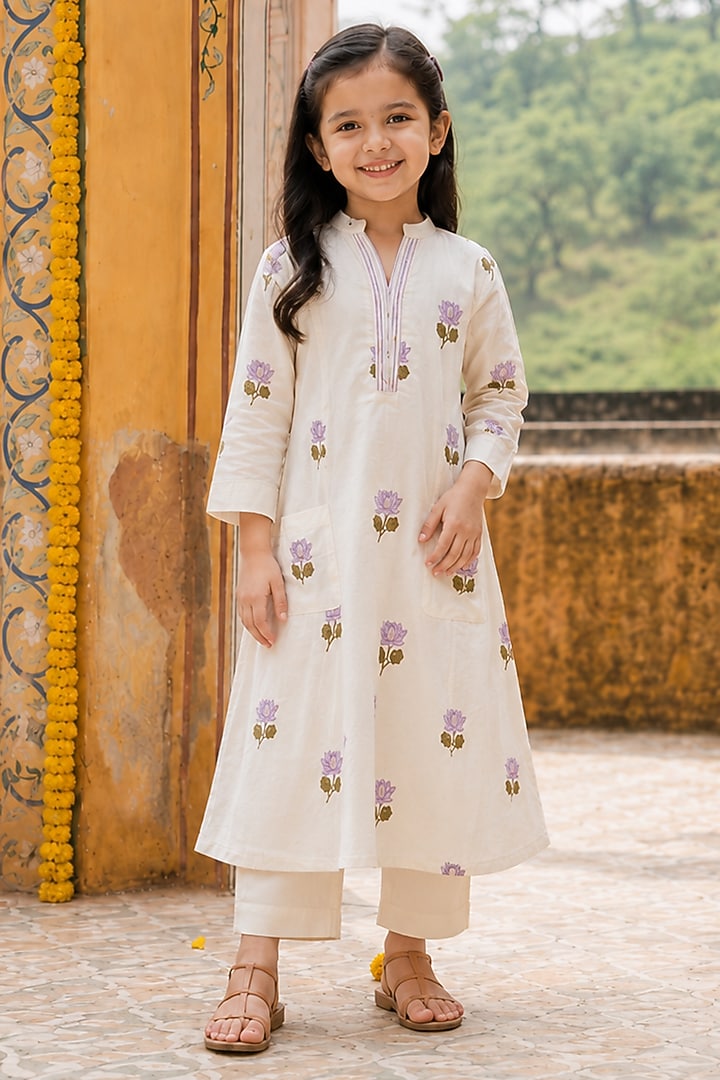 Lilac Kora Cotton Floral Embroidered Co-ord Set For Girls by House Of Jamoti Kids at Pernia's Pop Up Shop