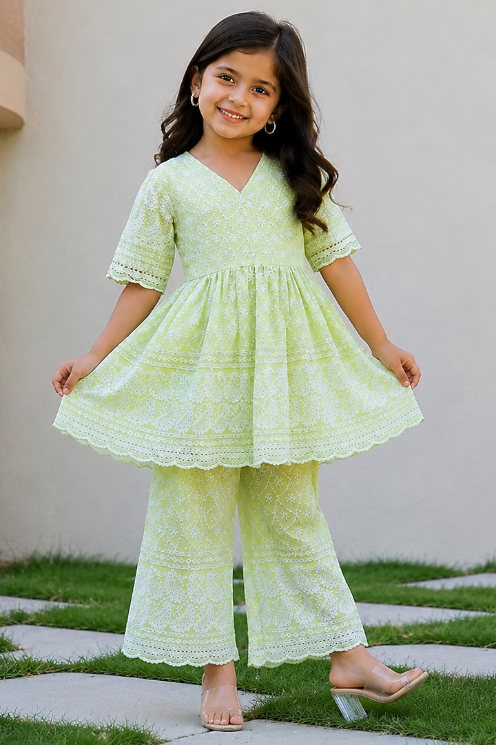 Pastel Green Cotton Chikankari Embroidered Sharara Set For Girls by House Of Jamoti Kids at Pernia's Pop Up Shop