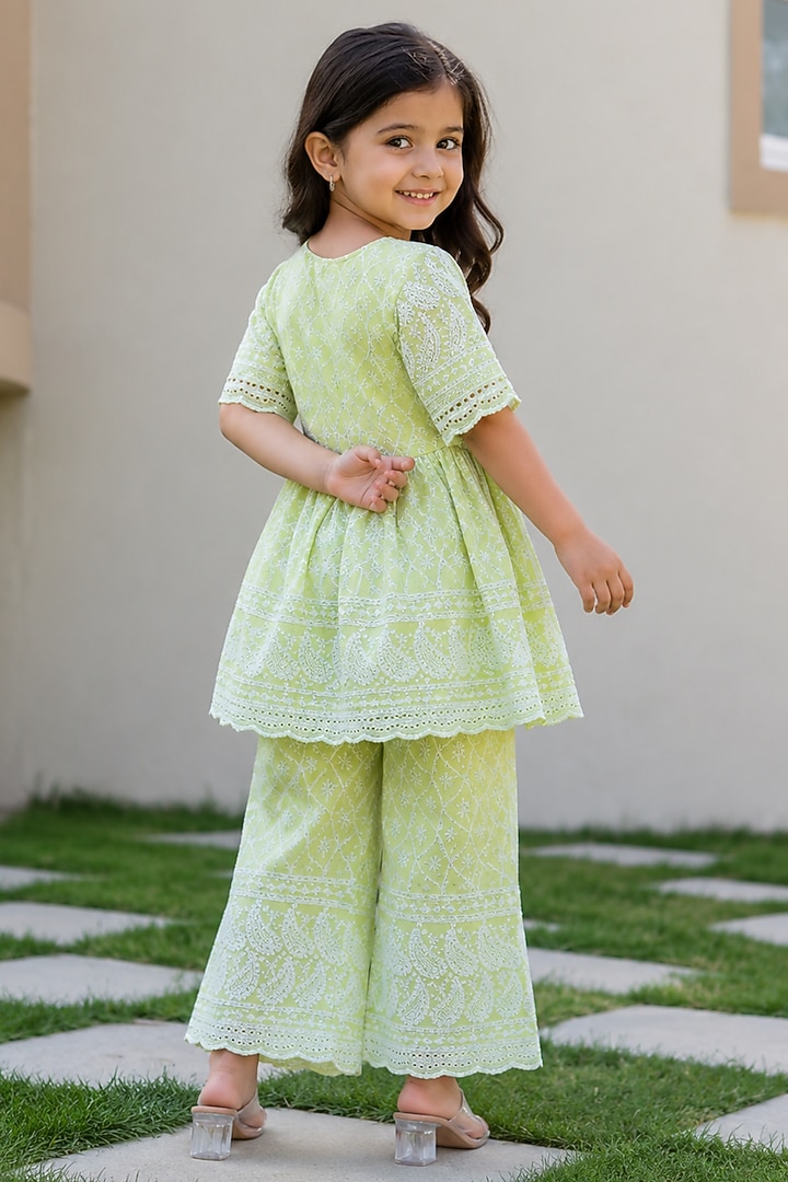 Pastel Green Cotton Chikankari Embroidered Sharara Set For Girls by House Of Jamoti Kids at Pernia's Pop Up Shop