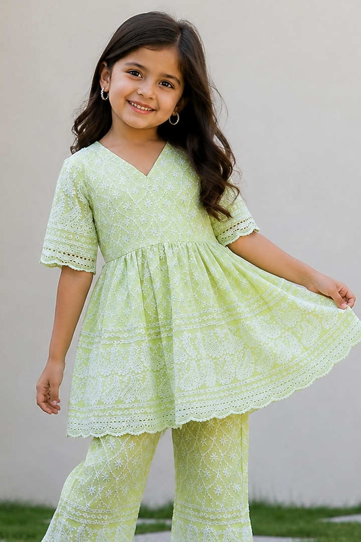 Pastel Green Cotton Chikankari Embroidered Sharara Set For Girls by House Of Jamoti Kids at Pernia's Pop Up Shop
