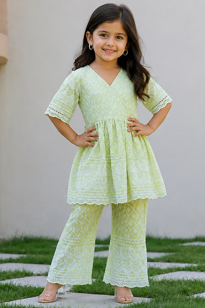 Pastel Green Cotton Chikankari Embroidered Sharara Set For Girls by House Of Jamoti Kids at Pernia's Pop Up Shop