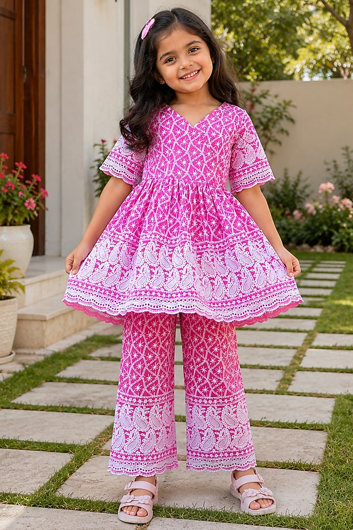 Pink Cotton Chikankari Embroidered Sharara Set For Girls by House Of Jamoti Kids at Pernia's Pop Up Shop